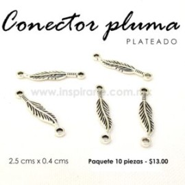 Dije conector pluma plateado 2.5 cms x 0.4 cms