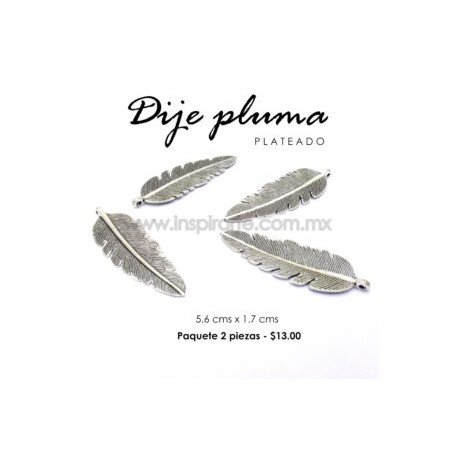 Dije pluma plateada 5.6 cms x 1.7 cms
