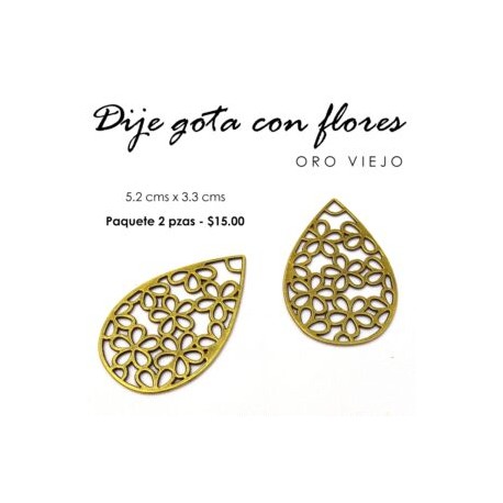 Dije gota con flores oro viejo 5.2 cms x 3.3 cms