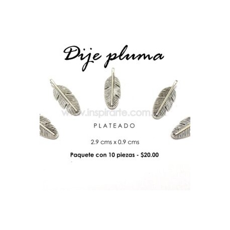 Dije pluma plateada 2.9 cms x 0.9 cms