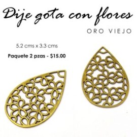 Dije gota con flores oro viejo 5.2 cms x 3.3 cms
