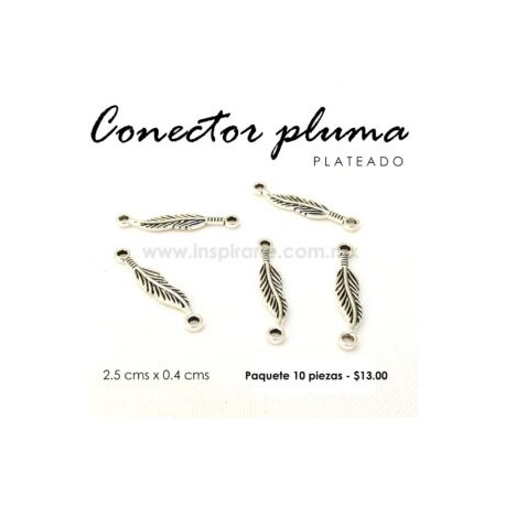 Dije conector pluma plateado 2.5 cms x 0.4 cms